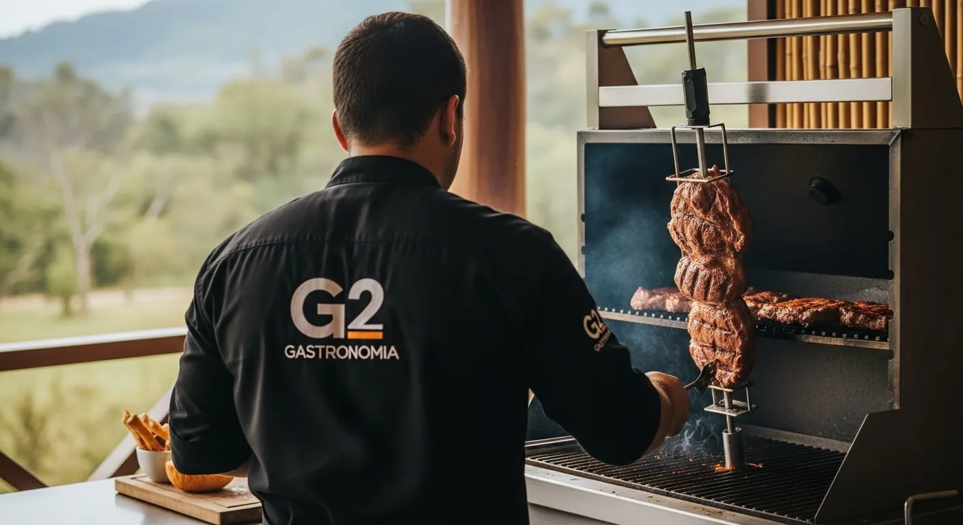 Churrasqueiro uniformizado da G2 Gastronomia preparando carnes no rodízio